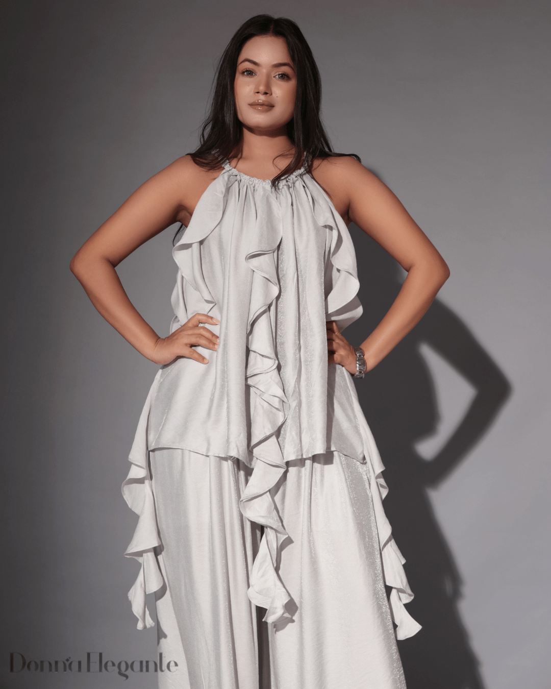 Silver Ruffle Co-ord Set – Halter Neck & Palazzo Style