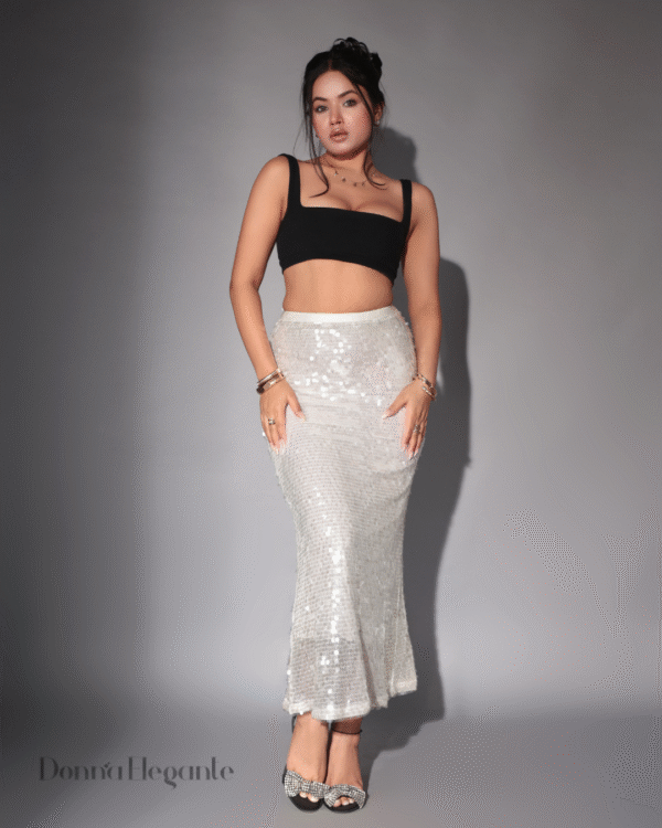 Silver Sequin High Waist Midi Skirt