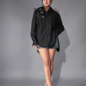Butterfly Embellished Oversized Black Shirt