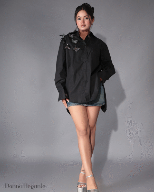 Butterfly Embellished Oversized Black Shirt