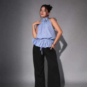 sky blue sleeveless halter-neck peplum top