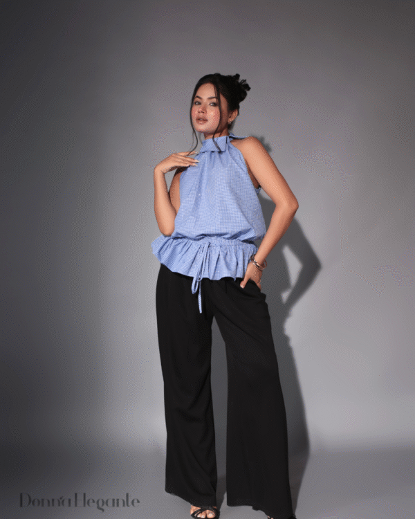 sky blue sleeveless halter-neck peplum top