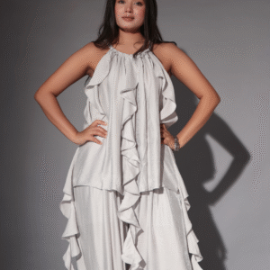 Silver Ruffle Co-ord Set – Halter Neck & Palazzo Style