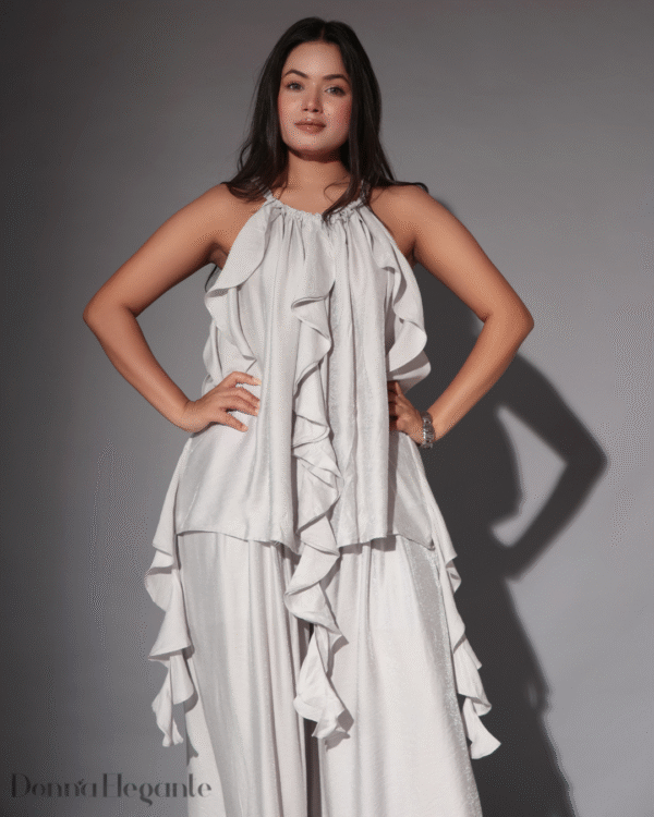 Silver Ruffle Co-ord Set – Halter Neck & Palazzo Style