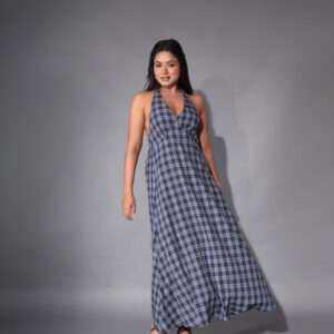 Blue Checkered Halter Maxi Dress