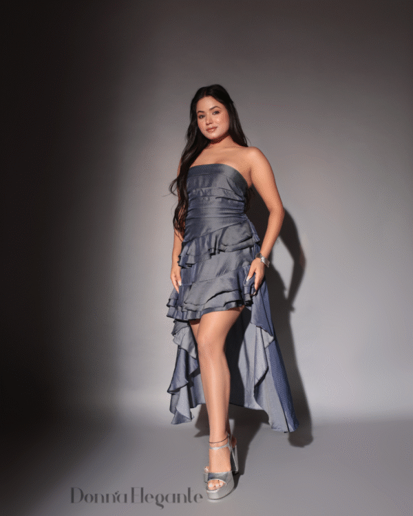 Strapless High-Low Ruffle Satin Dress