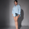 Oversized Floral Pearl Embellished Shirt for Women โ Light Blue