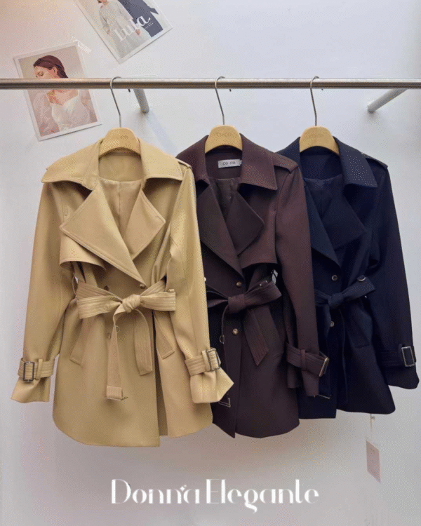 Belted trench coat in beige, brown, and navy for women – stylish, tailored outerwear with a modern twist