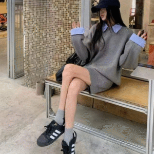 Grey knit sweater and skirt co-ord set for women with striped collar by DonnaElegante