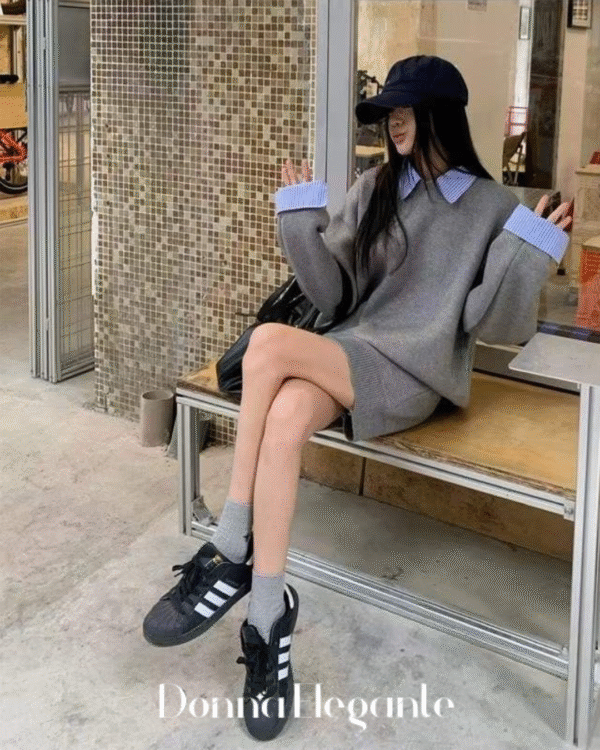 Grey knit sweater and skirt co-ord set for women with striped collar by DonnaElegante