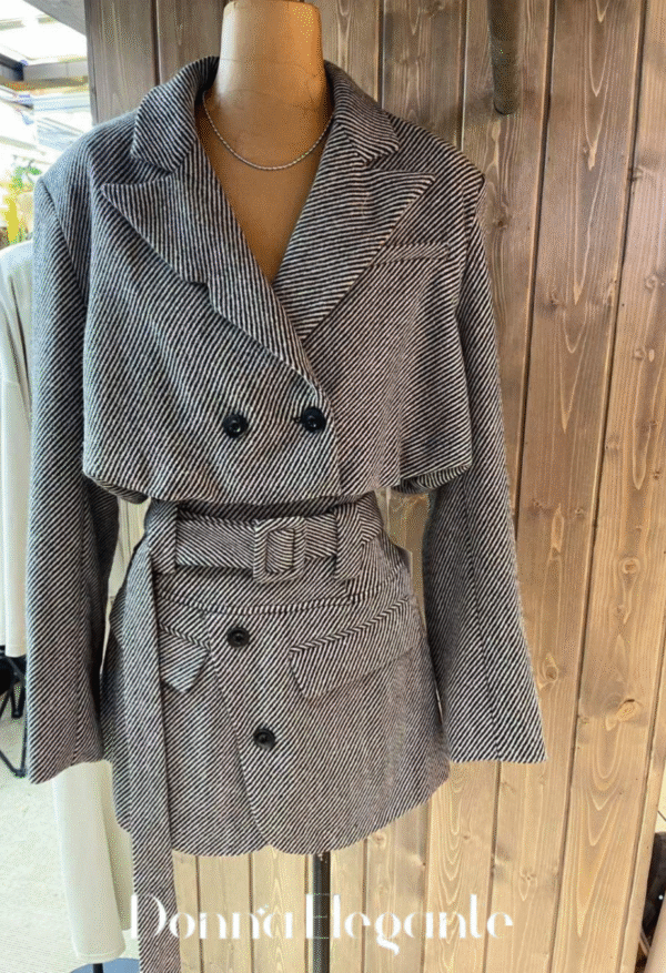 Double-breasted houndstooth cropped blazer and belted skirt set in beige and grey – tailored women’s outfit