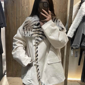 Off-white Faux Fur Winter Jacket with double button closure and belt, perfect for winter fashion.