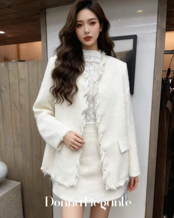 Fringed women's jacket white wool blend with button closures