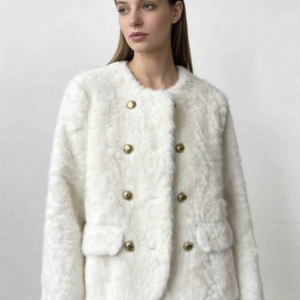 White faux fur coat with gold buttons, perfect for winter fashion.