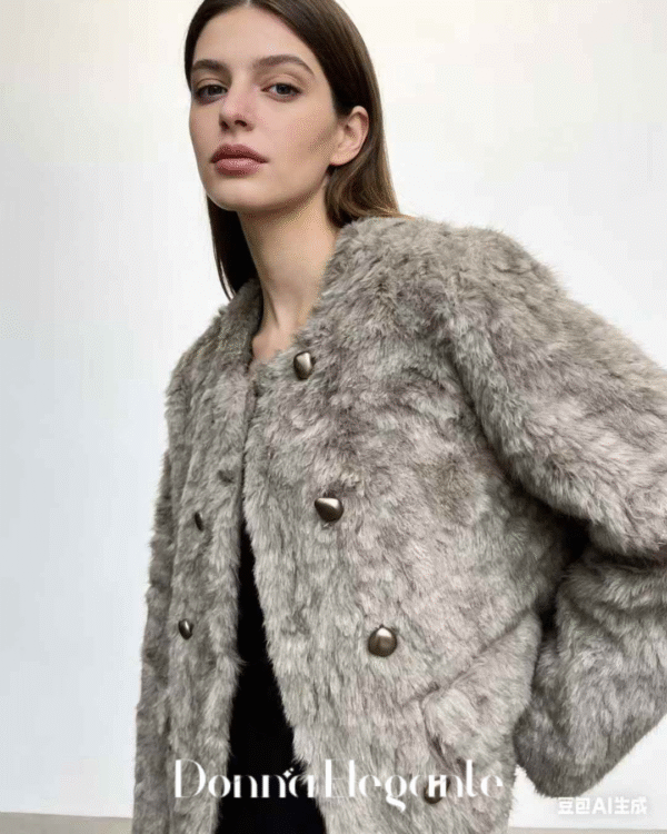 Grey faux fur jacket with button closures for women.
