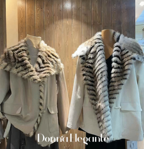 Off-white Faux Fur Winter Jacket with double button closure and belt, perfect for winter fashion.