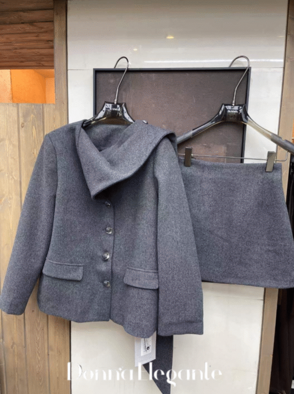 Hooded woolen coat and matching skirt set, winter outerwear for women