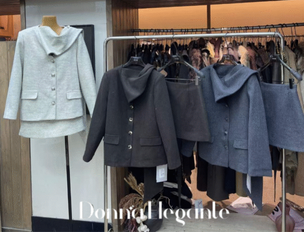 Hooded woolen coat and matching skirt set, winter outerwear for women